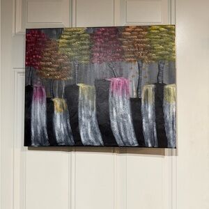 Abstract Forest Canvas Art with Waterfall Accents